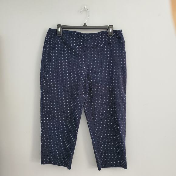 Zac & Rachel Navy Blue White Polka Dot Pullup Capri Pants Size 12 - Picture 1 of 6